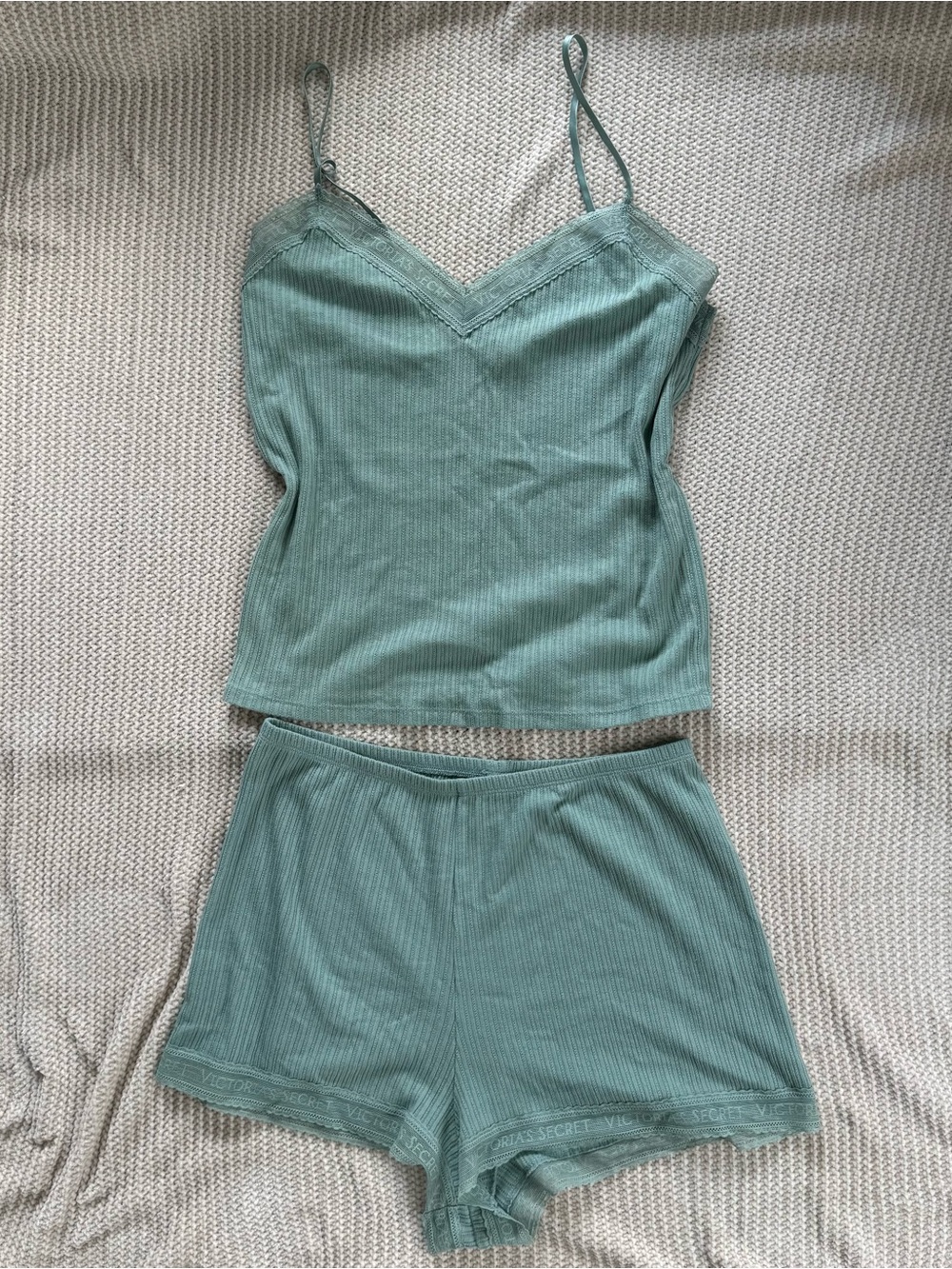 Victoria's Secret Lace Trim Pointelle Cami Shorts Pajama Set Seasalt Green M